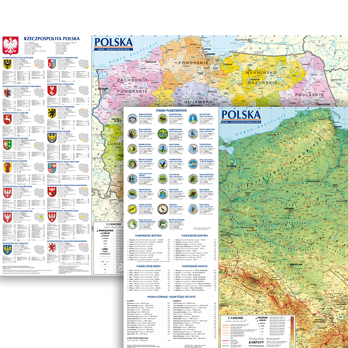 Polska; ścienna mapa ogólnogeograficzna i administracyjno-samochodowa 1:1 400 000, B2, plakat - ExpressMap.pl